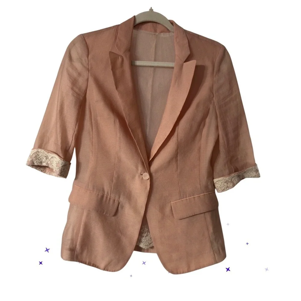 Ochirly Peach Sheer Lace Trim Blazer 3/4 Sleeve Single Button Jacket Small